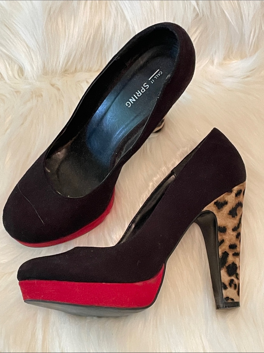 Call It Spring Suede Black Pumps with Red Platform and Leopard-Print Heel 7.5